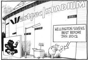 Cleaner inspects Wellington Sevens graffiti at Westpac Stadium