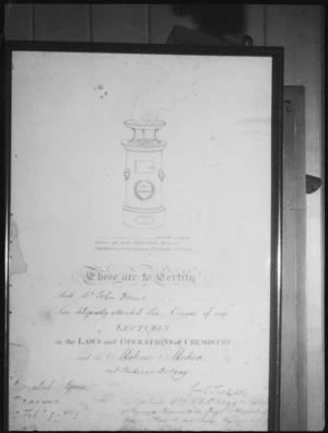 Photograph of a certificate in chemistry, materia medica, and medical botany gained by surgeon John Dorset