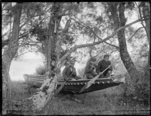Three boys playing in a waka - Photograph taken by William Henry Thomas Partington