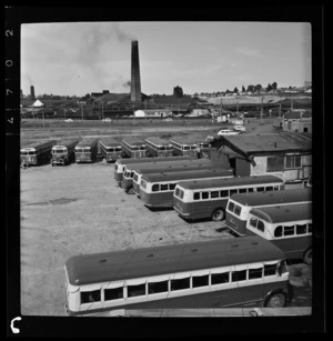 Pasadena development, including bus depot and brickyard chimney, New Lynn, Auckland