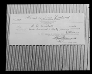 The cheque presented to [R D Daniell?], New Zealand National Airways Corporation (NAC)