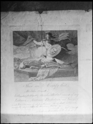 Photograph of a certificate in anatomy, physiology, surgery and disection gained by surgeon John Dorset