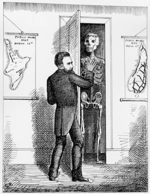 Cartoonist unknown :The skeleton in the cupboard. The New Zealand Punch [Wellington], 24 April 1880.