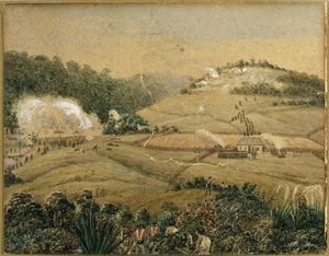 Bridge, Cyprian, 1807-1885 :View of the Waikadi Pa in flames after its capture and the enemy retreating on the brink of the hill at the back. [1845]