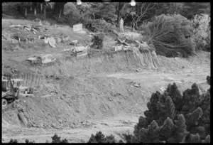 Part 1 of a 2 part panorama showing road-works through the Bolton Street cemetery in preparation for the Wellington motorway