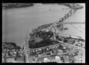 Auckland Harbour Bridge under construction, Westhaven, Auckland, including Point Erin Park and approach roads