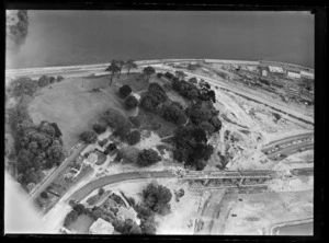 Auckland Harbour Bridge under construction, Westhaven, Auckland, including Point Erin Park and approach roads