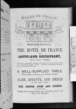 Hotel de France, Southland Restaurant, Cafe de France, Revell St[reet] Hokitika. Hansen, proprietor. A well-supplied table, with civility, attention, and moderate charges. [1866]