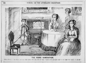 [Cartoonist unknown]:The rising generation. Punch, or the Auckland Charivari, 3 April 1869 (p.156).