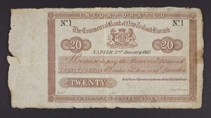 Commercial Bank of New Zealand Limited. :[Banknote for] twenty pounds. Napier 2nd January 1865. By act of the General Assembly. [Printed by] Perkins, Bacon & Co. London.