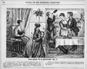 [Cartoonist unknown]:Two sides to a question - no. 4. Punch, or the Auckland Charivari, 13 March 1869 (p.132).