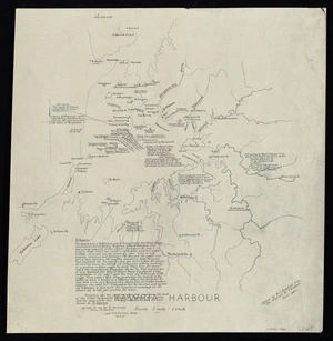 New Zealand Department of Internal Affairs Centennial Publications Branch :Kawhia Harbour; story and significant places. [copy of ms map] Copied by R J Crawford from the original by P H Jones. June 1941.