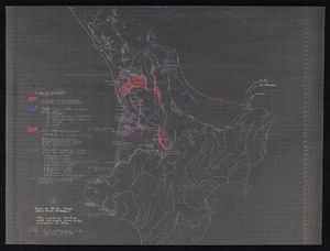New Zealand Department of Internal Affairs Centennial Publications Branch :[Tainui settlement and movement] - First Settlement of Aotea, migration at Pa tea showing colonies of original inhabitants mentioned in Tainui traditions. Tainui's journey overland with his people from Aotea Harbour to Patea. [copy of ms map]
