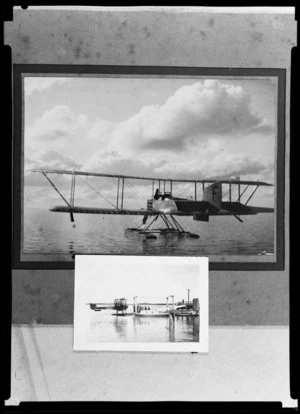 Composite of sea plane images ['Aotearoa' and Awarua'?] relating to New Zealand's first air mail service, provided by Tasman Empire Airways (TEAL), between Auckland and Sydney