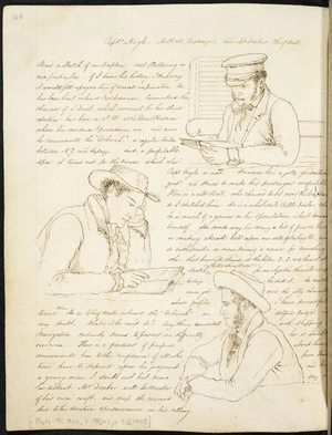 Diary page including three portrait sketches