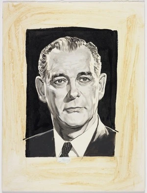 Ilott Advertising Ltd :[Portrait of Keith Holyoake]. Nov. '63 [National Party publicity design drawing. 1963]