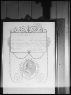 Photograph of a certificate gained by surgeon John Dorset for his attendance at lectures on midwifery and the diseases of women and children