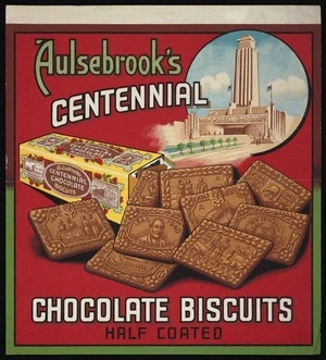 Aulsebrook's Centennial chocolate biscuits, half coated. [Biscuit tin label. 1940?]