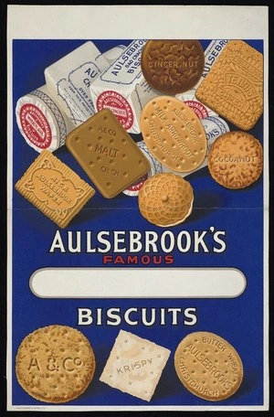 Whitcombe & Tombs Ltd: Aulsebrook's famous biscuits [Blue background. 1940-1950s?]