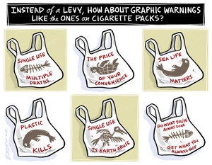 Warning labels for single use plastic bags