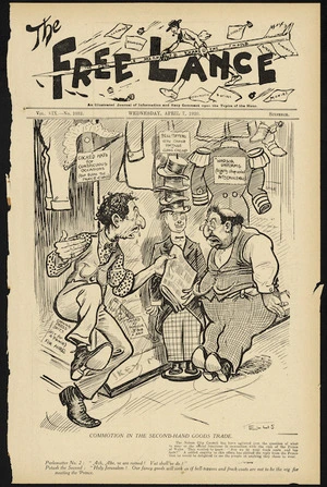 Glover, Thomas Ellis, 1891?-1938 :Commotion in the second-hand goods trade. The Free Lance, 7 April 1920 (front page).
