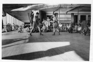 Members of 28 (Maori) Battalion boxing on board the ship Aquitania - Photograph taken by Edward Vere Hayward