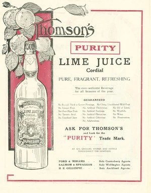 Thomson & Company (Dunedin) :Thomson's "Purity" lime juice cordial; pure, fragrant, refreshing [ca 1910]