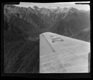 View from South Pacific Airlines of New Zealand (SPANZ) plane of Milford Sound area, Southland Region