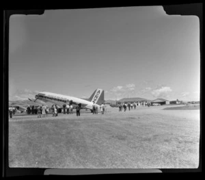 South Pacific Airlines of New Zealand (SPANZ) plane surrounded by a crowd of people, Hokitika, Westland District, West Coast region