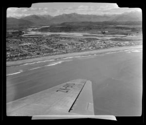 View from South Pacific Airlines of New Zealand (SPANZ) plane of Hokitika, Westland District, West Coast Region