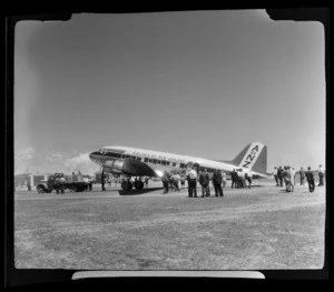 South Pacific Airlines of New Zealand (SPANZ) plane surrounded by a crowd of people, Hokitika, Westland District, West Coast Region