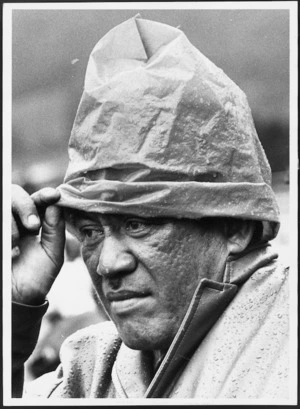 Jack Tulau of Titahi Bay wearing a plastic bag on his head