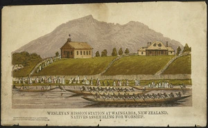 [Artist unknown] :Wesleyan mission station at Waingaroa, New Zealand ; natives assembling for worship. - [London] ; J. Bannister, [1850s?]