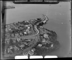 Bayswater Ferry Terminal and peninsula with housing with Ngataringa Bay beyond, Bayswater, Waitemata Harbour, Auckland