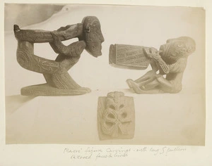 [Williams, William] 1858-1949: Maori figure carvings - with long S patterns tatooed faces & limbs [ca 1890]