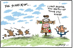 Bill English can't believe his old scarecrow 'Labour taxes' has the kiwi birds running away