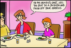 Mother asks her son to "finish off" his dinner greens like Jacinda Ardern's popularity has done to the Green Party