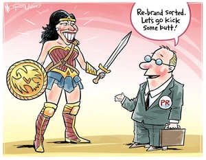 The PR man tells Labour Party leader Jacinda Ardern dressed as Superwoman that the "rebrand is done"