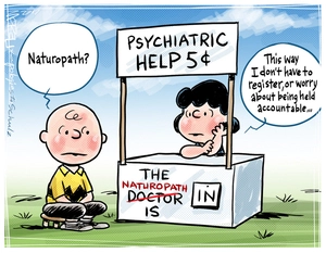 Lucy tells Charlie Brown that she's registered as a naturopath offering "psychiatric help"