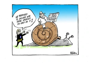 Jonathan Coleman urges on a doctor riding a snail, who is reading about slow progress on the 'bowel cancer screening programme'.