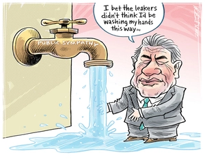 Winston Peters washing his hands in 'public sympathy' flooding from the tap leak about his superannuation overpayment