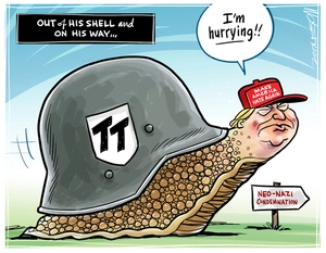 Donald Trump as a snail "hurrying" to condemn neo-Nazi Ku Klux Klan violence at Charlottesville rally