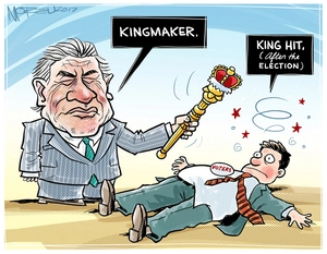 Winston Peters as the 'Kingmaker' planting a king hit on the voters with his sceptre after the 2017 election