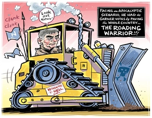 Bill English driving a digger to pave the 10 new roads of national signifiance as promised in National's election campaign