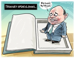 Steven Joyce standing aghast on a large ledger after Treasury 'opens the books' before the 2017 election