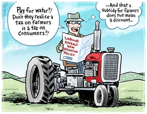 A farmer on a tractor criticises newspaper headline on Labour Party policy to tax commercial use of water
