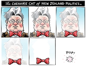 United Future leader Peter Dunne as the Cheshire cat disppearing on his retirement from Parliament