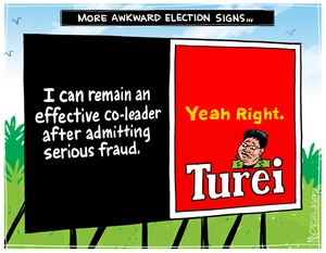 A spoof Tui billboard featuring Metiria Turei saying she can remain Green Party Co-leader "after admitting serious fraud"