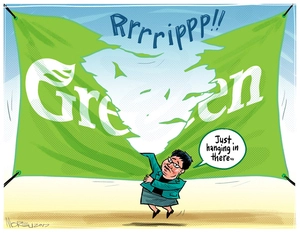 A big rip splits the Green Party banner as Co-leader Metiria Turei hangs in there