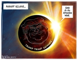 Donald Trump's face eclipses the sun as he promises a troop increase will put an end of the war in Afghanistan